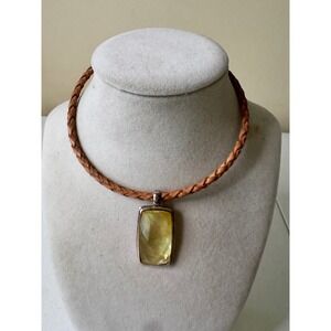 Braided Leather Choker Necklace Gemstone Pendant Women Fashion Jewelry‎ Y2K Boho